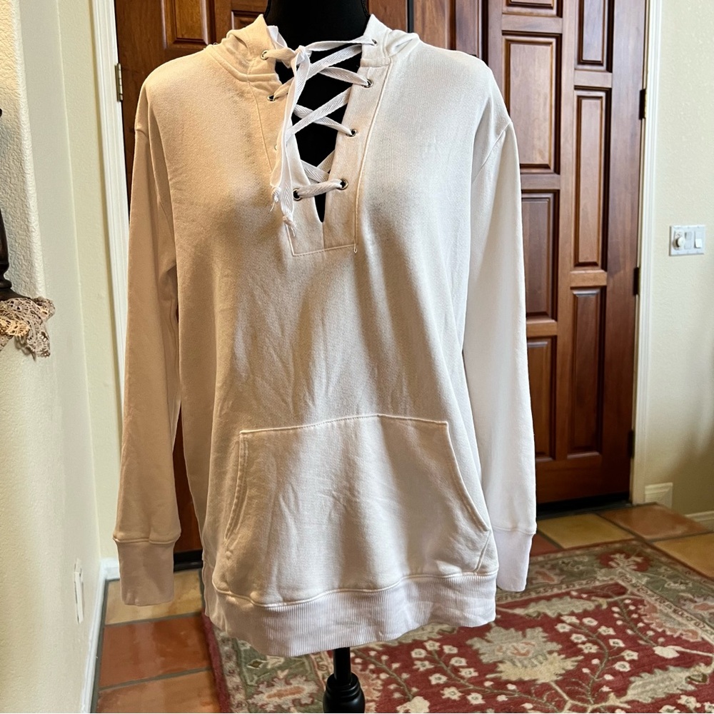 Allen Allen Women's White Lace-Up Neck Long Sleeve Pullover Sweatshirt Sz XS